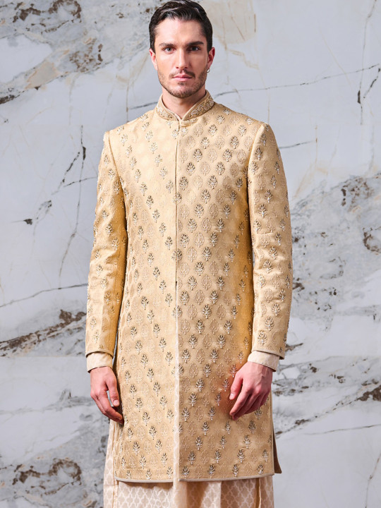 Men Golden & White Woven Design Sherwani