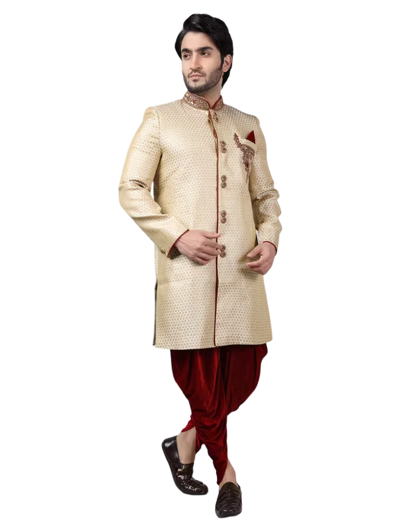 Golden silk brocade sherwani ethnic wear set