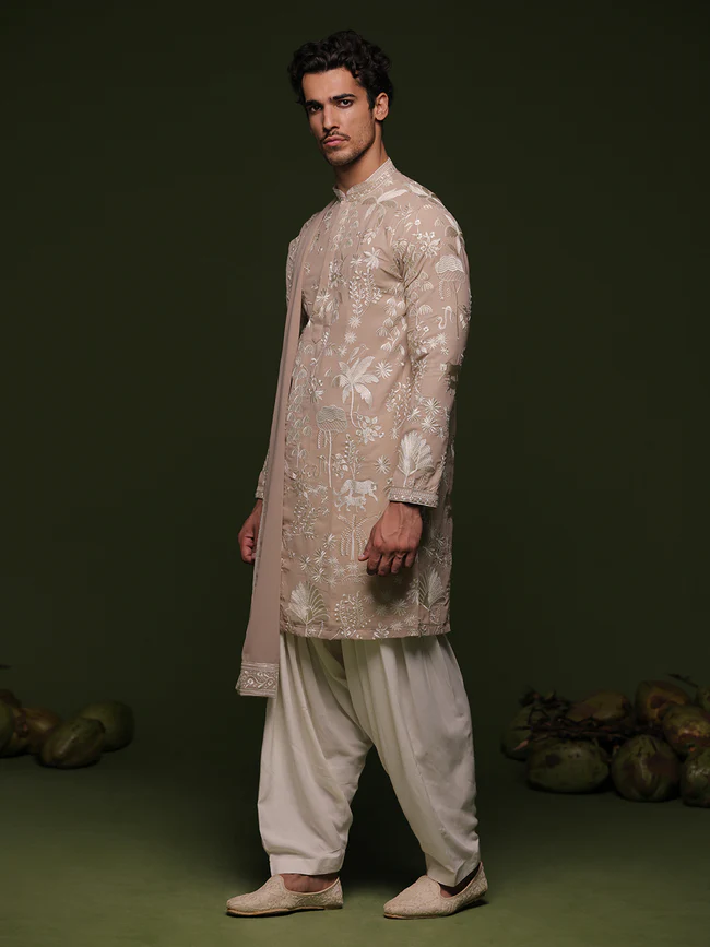 Beige Kurta set with patiyala and dupatta